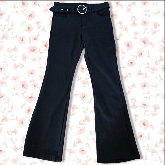 Y2K Black Bootcut Stretch Pants With Belt Round Buckle Womens Size S Mid Rise - Picture 1 of 7